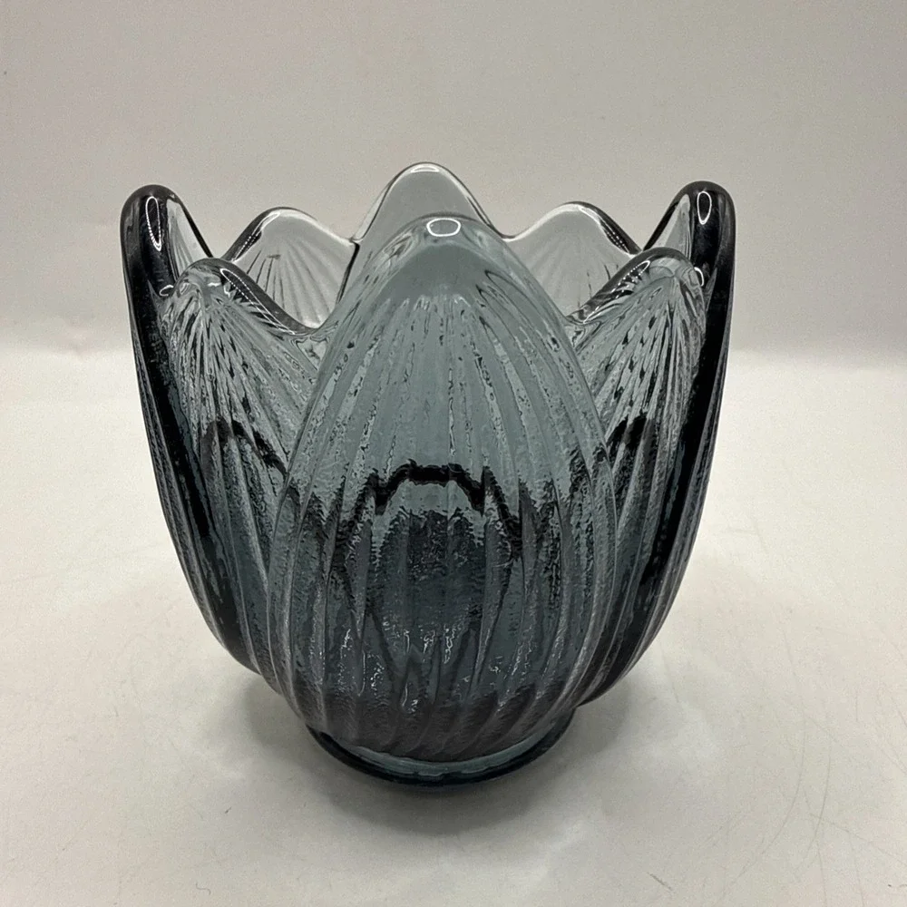 Vintage Fenton Glass Blue Lotus Tulip Leaf Votive Candle Holder